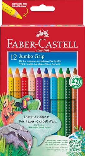 Faber-Castell 110912 Jumbo Grip Buntstifte für Kinder, 12er-Jumbo-Buntstifte-Set, Malstifte mit Grip und dreieckigem Schaft, wasserlöslichen Pigmenten, leicht auswaschbar und bruchsicher, Schulsachen