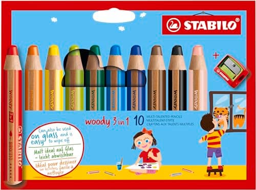 STABILO - Buntstift, Wasserfarbe & Wachsmalkreide - woody 3 in 1-10er Pack mit Spitzer