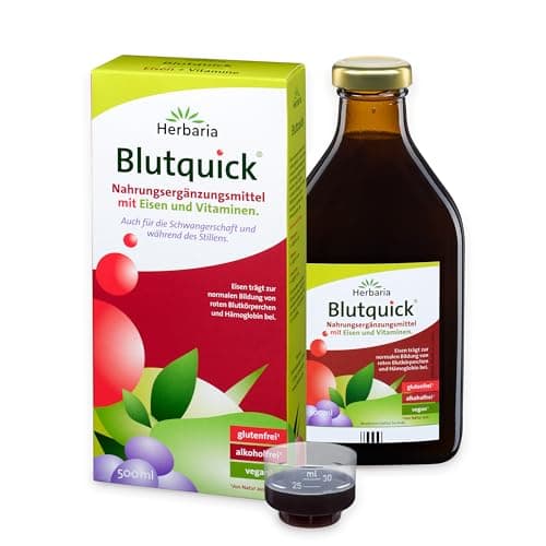 Herbaria Blutquick 500 ml - Nahrungsergänzungsmittel mit Eisen & Vitaminen. Auch für die Schwangerschaft und während des Stillens – glutenfrei, alkoholfrei und vegan
