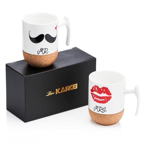 Love-KANKEI MR und MRS Kaffee Glühwein Tassen Sets Hochzeitsgeschenk für Paare 300ml, Partnertassen Korkboden Design Keramik, Geschenk für Pärchen Brautpaar Ehepaar Valentinstag Weihnachten