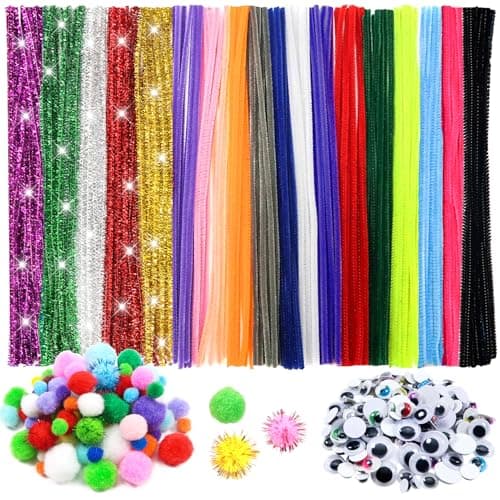 TOAOB 500 Stück Mehrfarbig Pfeifenreiniger Glitzer 20 Farben Set Enthalten Pfeifenputzer zum Basteln Chenilledraht Pompons und Selbstklebend Wackelaugen Verschiedene Größen für Handwerk Dekoration