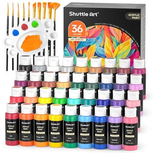 Shuttle Art Acrylfarben Set, 36 Acryl farben in Flaschen (je 60ml) mit 12 Pinselset & 1 Palette, ungiftige Acrylfarbe wasserfest für Künstler, Anfänger, Erwachsene auf Leinwand, Steine, Holz geeignet