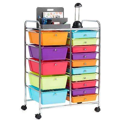 GIANTEX Rollwagen mit 15 Schubladen stapelbar, Schubladenwagen Badrollwagen Küchenwagen mit feststellbaren Rollen, Aufbewahrungswagen Haushaltswagen für Küche Bad Büro 63x37x87 cm (Bunt)