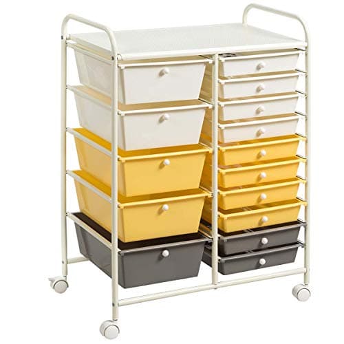 GIANTEX Rollwagen mit 15 Schubladen stapelbar, Schubladenwagen Badrollwagen Küchenwagen mit feststellbaren Rollen, Aufbewahrungswagen Haushaltswagen für Küche Bad Büro 63x37x87 cm (Gelb + Grau)