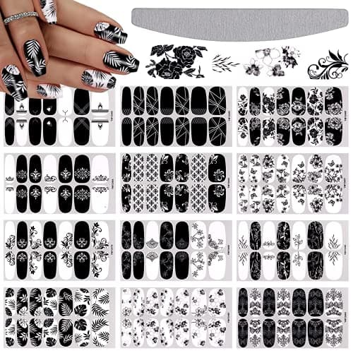 EBANKU Nagellack Aufkleber Selbstklebende mit Nagelfeile, 12 Sheets Schwarze und Weiße Blumen Self-Adhesive Manicure Sticker, Beautiful Fashion DIY Decoration (Blume A)