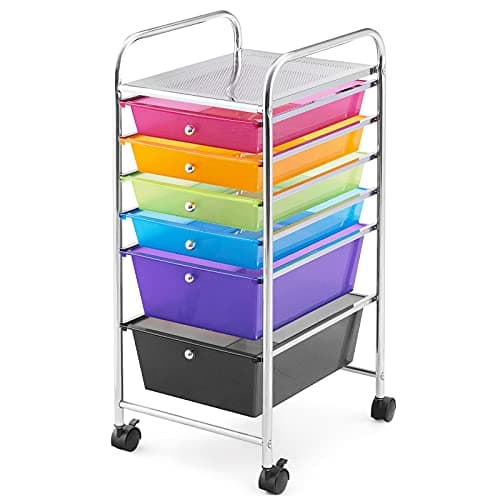 GIANTEX Rollwagen mit 6 stapelbaren Schubladen, Schubladenwagen Badrollwagen Küchenwagen mit feststellbaren Rollen, Aufbewahrungswagen Haushaltswagen Metallgestell für Küche Büro (Transparent Bunt)