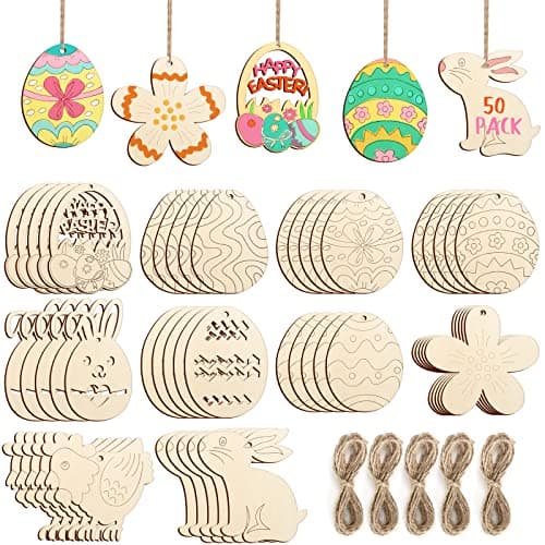 Hinsly 50 Stück Holzanhänger Ostern Basteln Kinder Unvollendete Ostereier Hasen Huhn Blume für zum aufhängen Osterdeko Holz