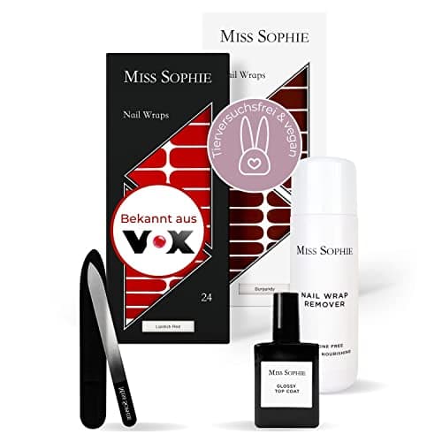Original Miss Sophie’s Starterset I Selbstklebende Nagelfolien I Nagelaufkleber in Burgundy & Lipstick Red I Langer Halt I Schnelle & einfache Anwendung I Premium Nagellackfolie