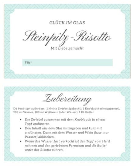 Etiketten für Steinpilzrisotto im Glas