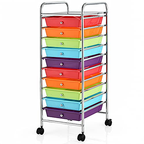 COSTWAY Rollwagen mit 10 stapelbaren Schubladen (Rot + Lila)