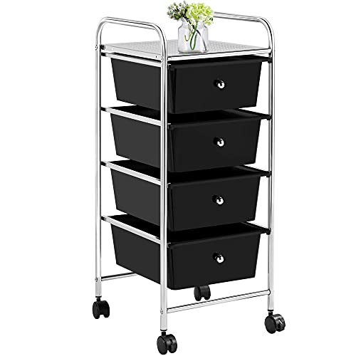 Yaheetech Badrollwagen Badezimmerwagen Rollcontainer mit 4 stapelbaren Schubladen, Rollwagen aus Metall und Kunststoff, Schubladenwagen für Küche Bad Büro Schlafzimmer Schwarz