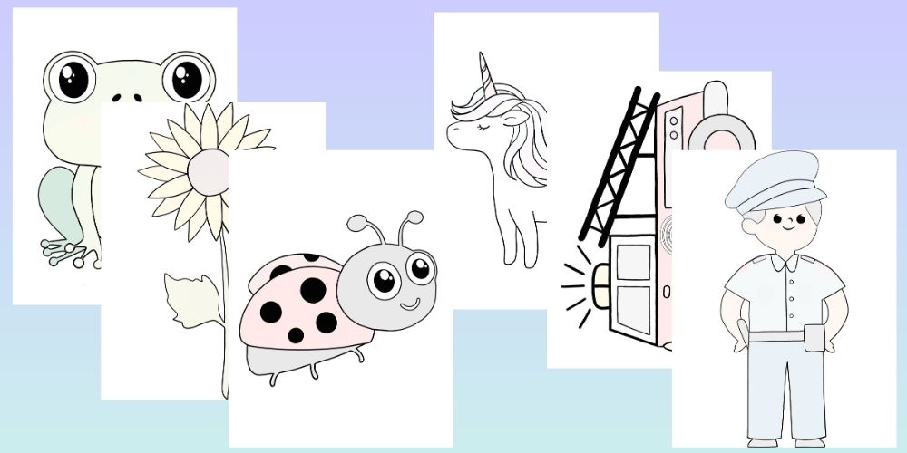 Vorschau der kostenlosen Ausmalbilder mit Frosch, Sonnenblume, Marienkäfer, Einhorn, Feuerwehrauto und Polizist