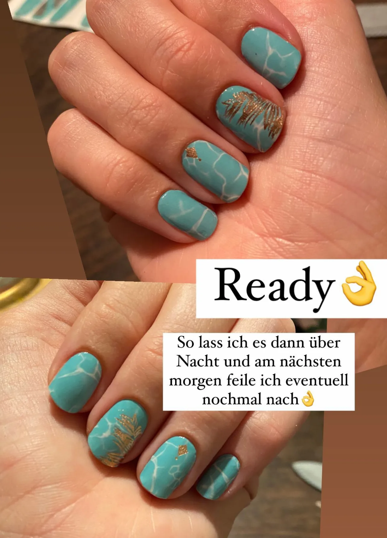 Fertige Nägel mit türkiser Nagelfolie und goldenen Blattmustern