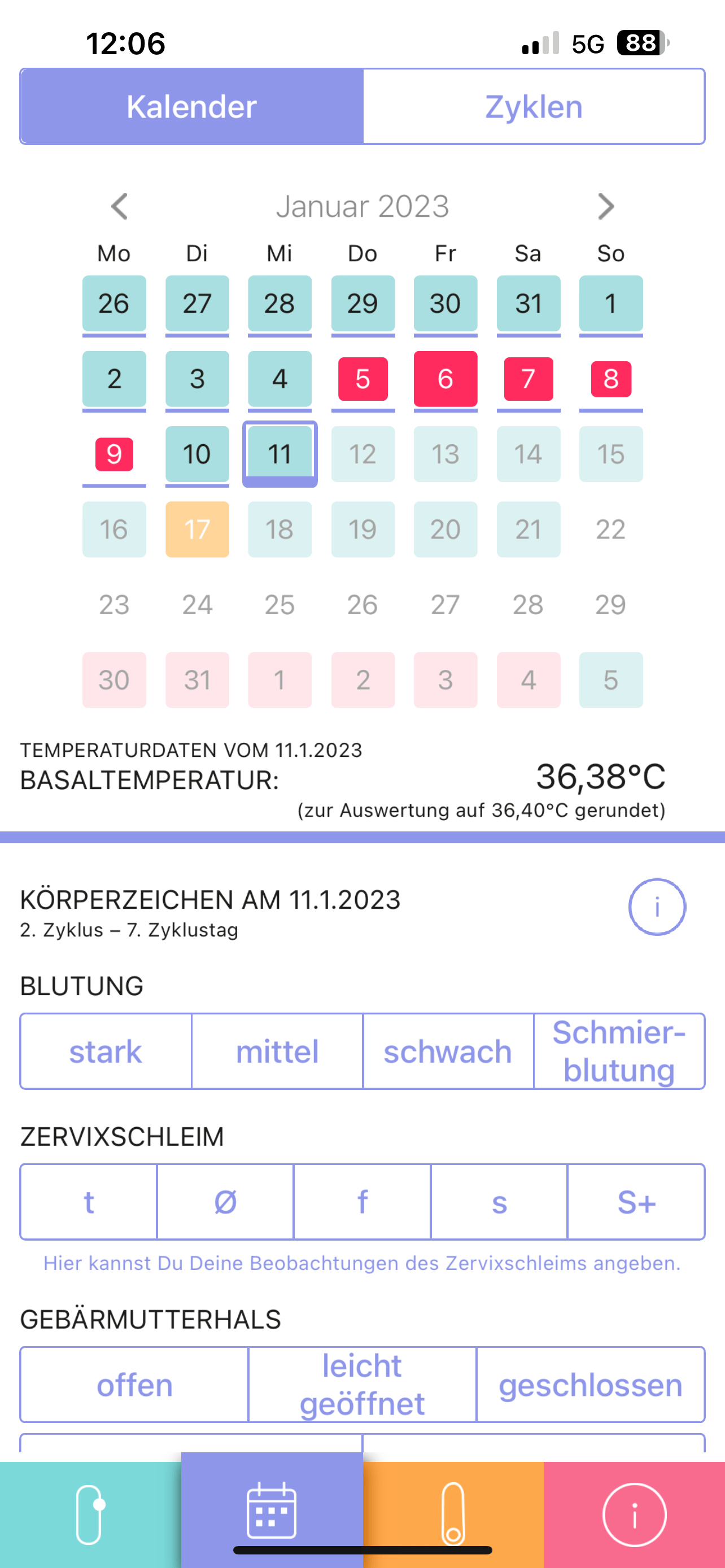 Kalenderansicht der Trackle App mit Temperaturwert des Tages