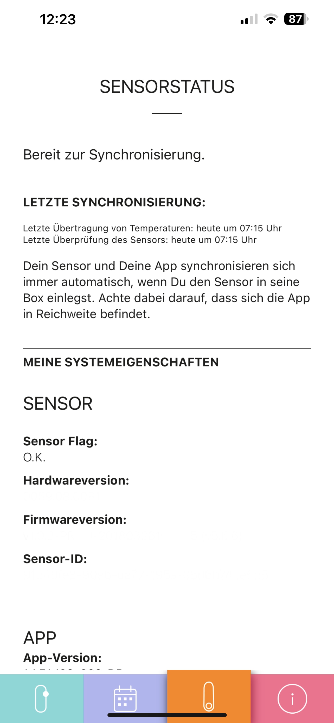 Sensorstatus-Bildschirm der Trackle App mit Synchronisierungsinformationen