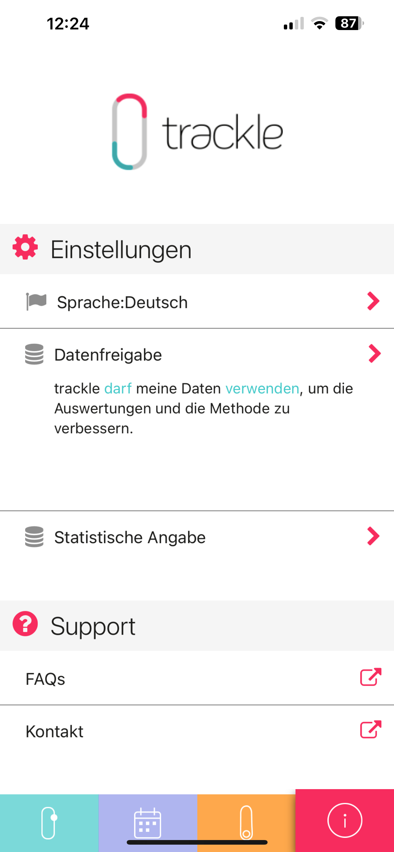 Einstellungen und Support-Bereich der Trackle App mit Logo