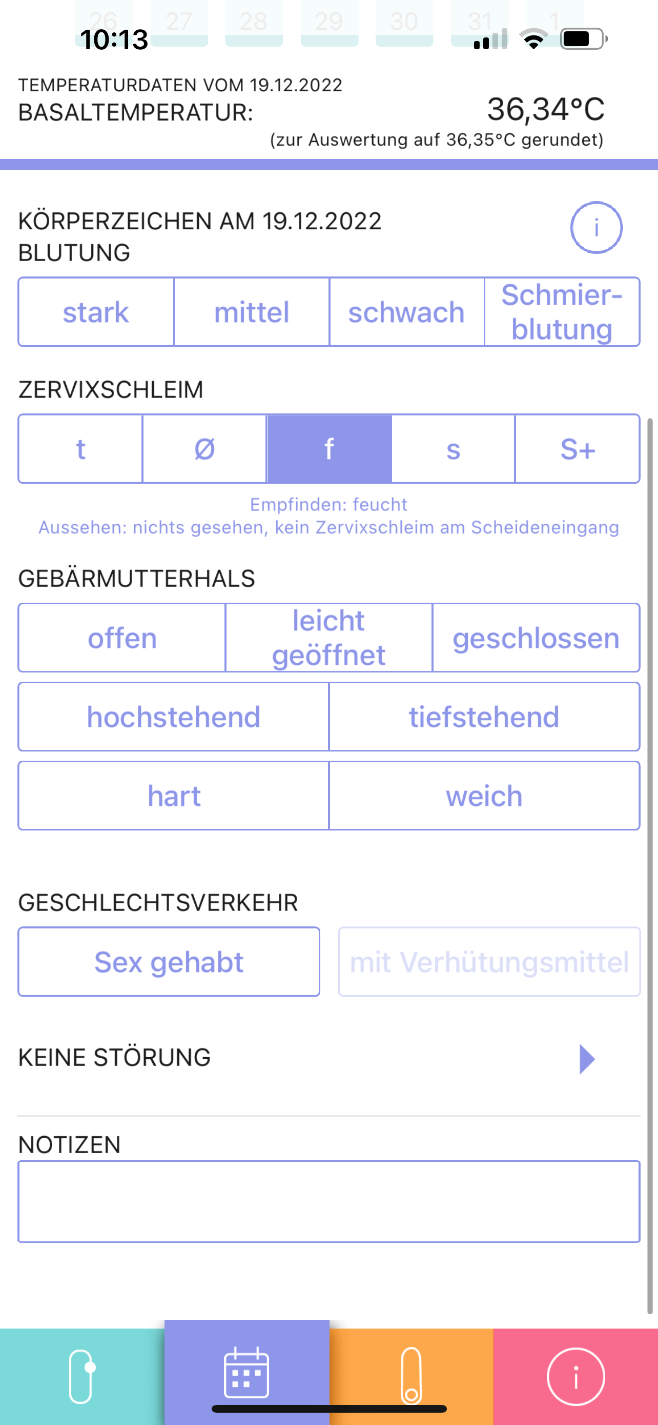 Eingabefelder für Blutung, Zervixschleim und Gebärmutterhals in der Trackle App
