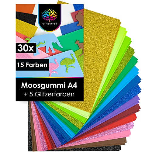 OfficeTree 30 Bögen Moosgummi Basteln A4 2mm - Bunt mit 5 Moosgummi Glitzer - Schaumgummi Basteln - Schaumstoff zum Basteln - Moosgummi A4 für DIY Bastelarbeiten