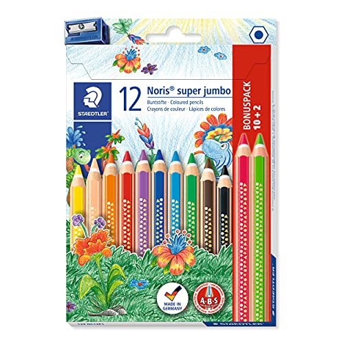 STAEDTLER Buntstift Noris super jumbo, erhöhte Bruchfestigkeit, Sechskantform, ABS-System, attraktive Sternchenprägung, Set mit 12 brillanten Farben und einem Spitzer, 129 NC12P1, 12 Stück (1er Pack)